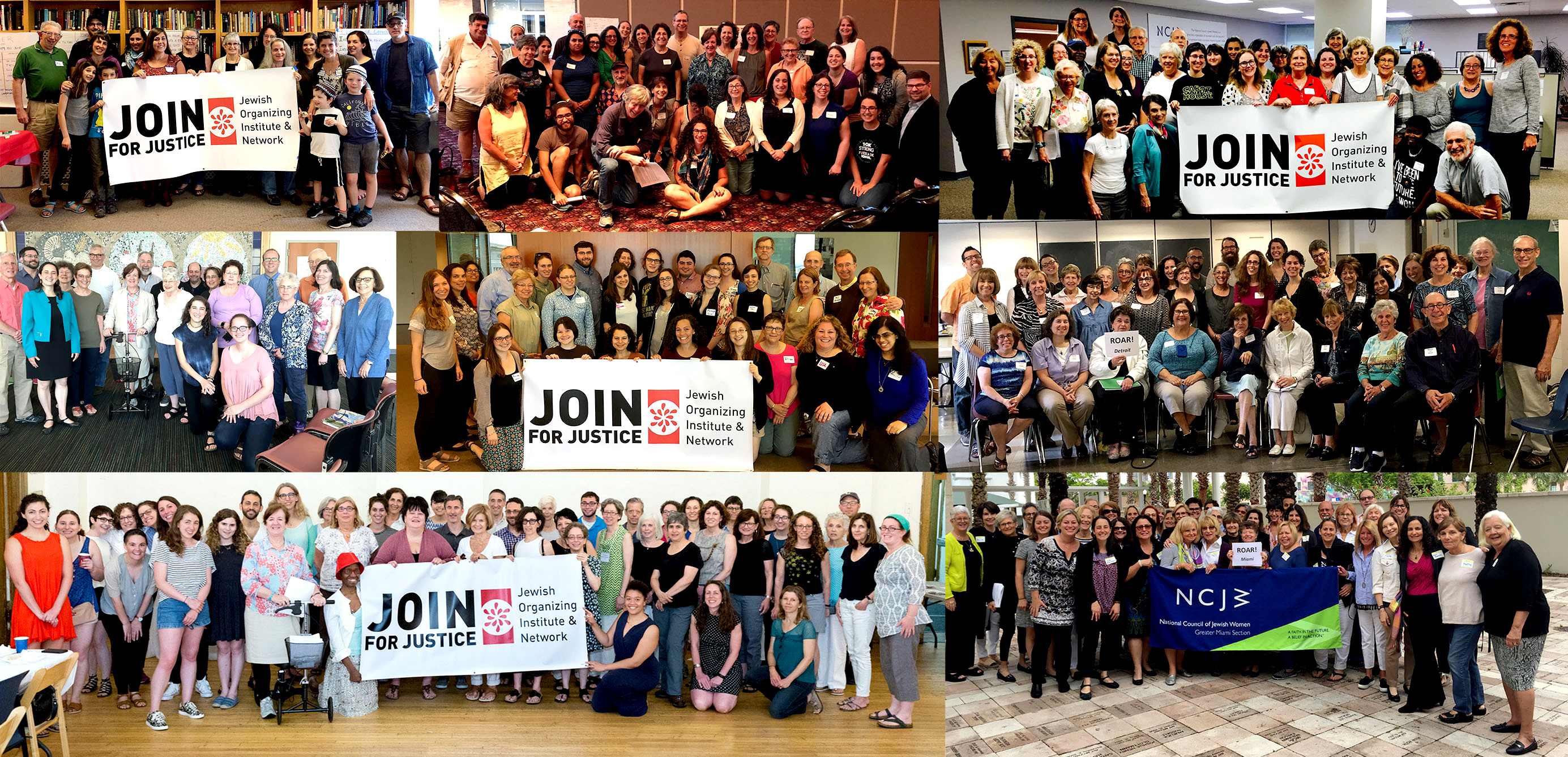 Collage of 8 images, each with around 30 people smiling and holding a JOIN for Justice banner. 