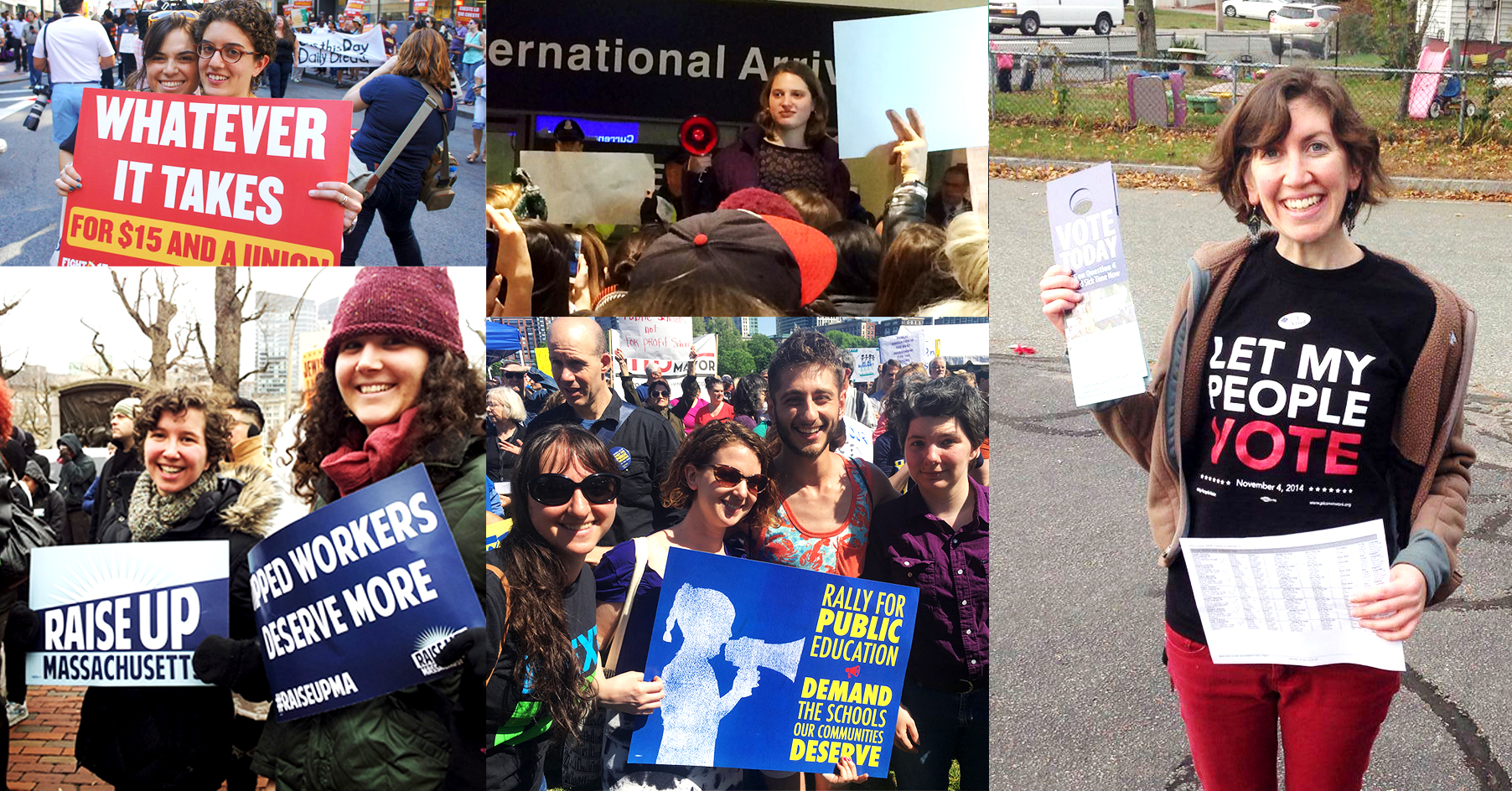 Collage of five photos all of various alumni smiling at the camera holding up signs at different protests. 